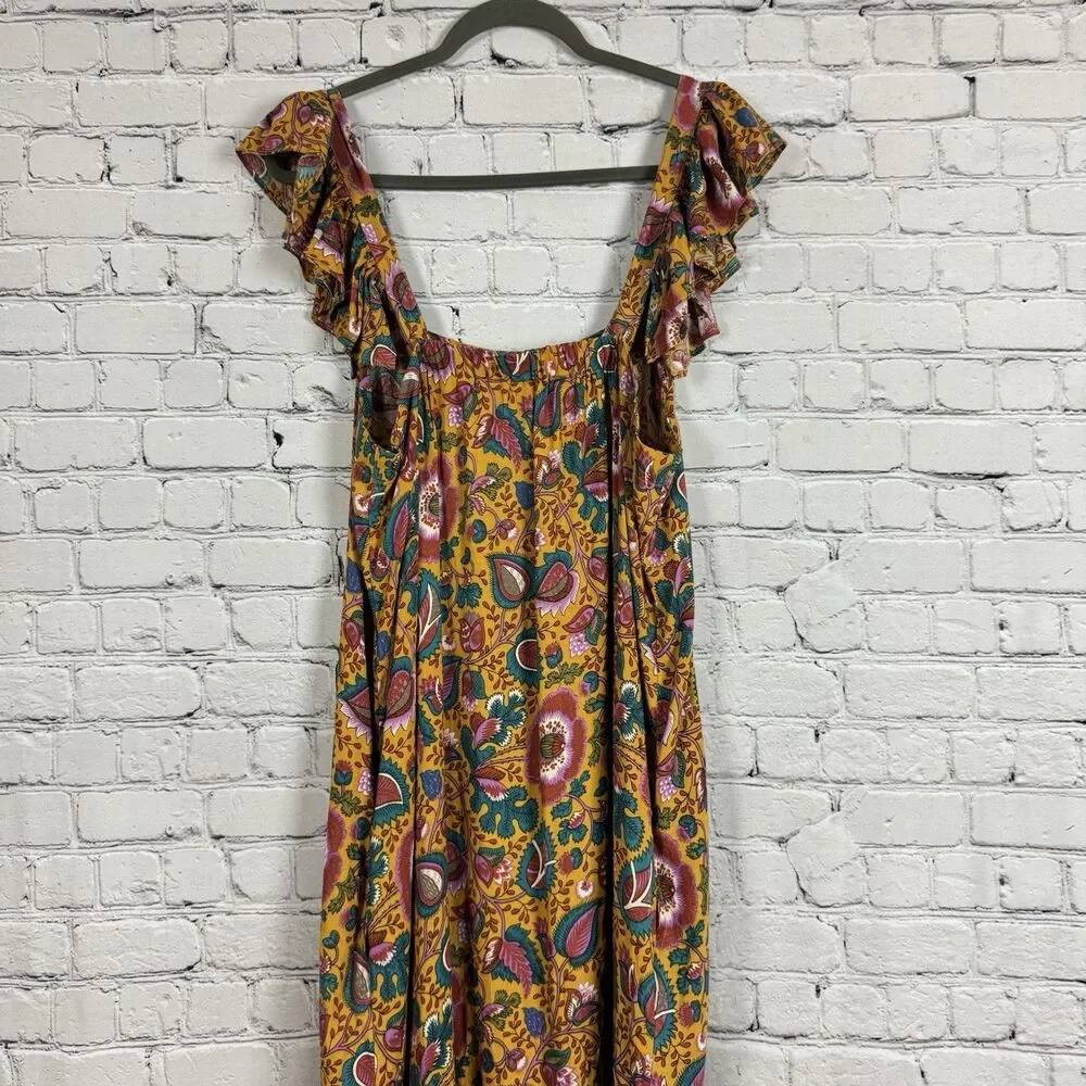 House of Harlow 1960 Flutter Sleeve Floral Midi Dress In Jackie Mustard Print L - Picture 11 of 13